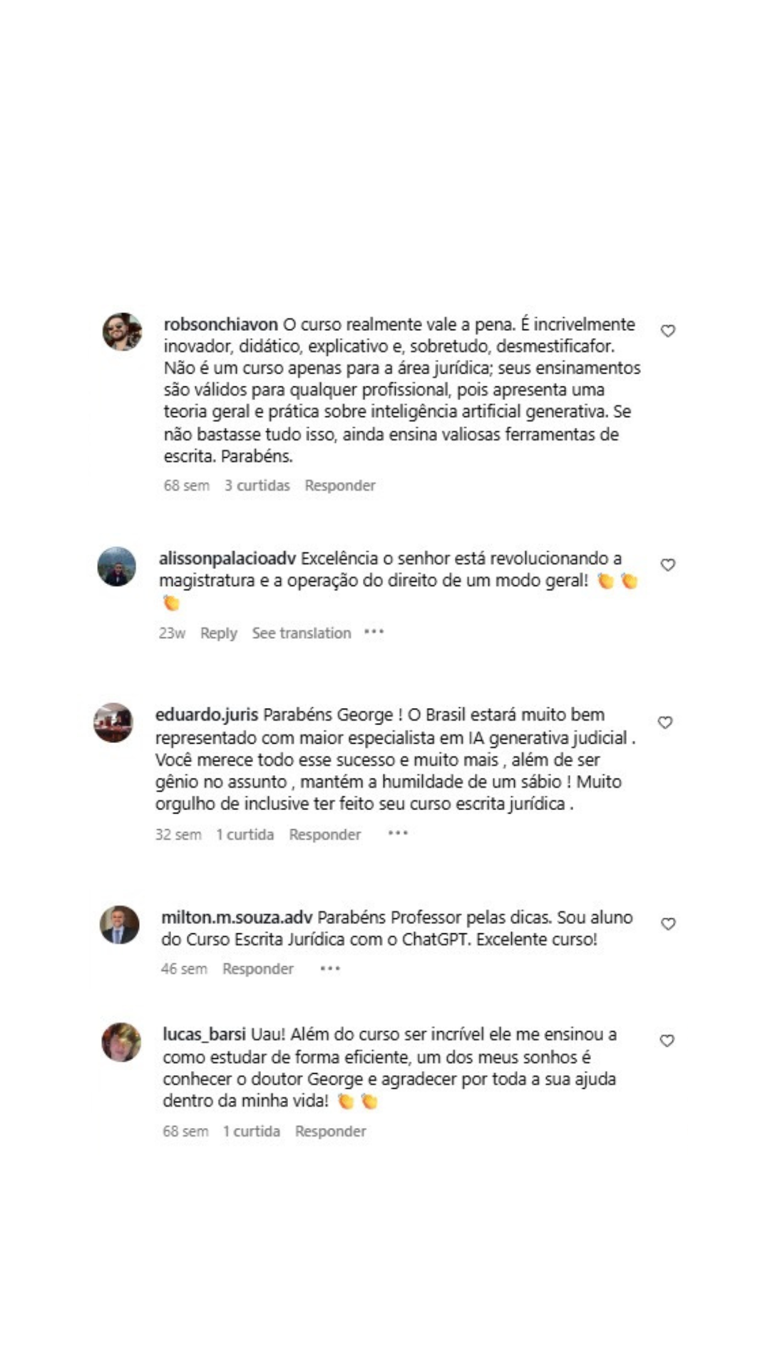 Comentários de alunos elogiando o curso