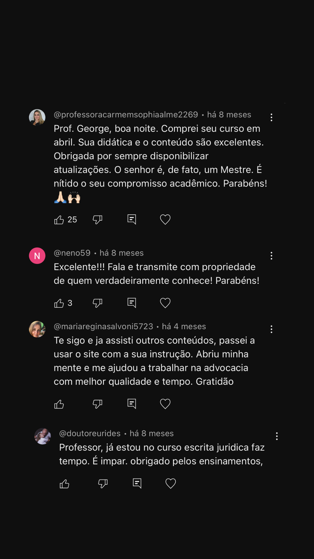 Comentários de alunos sobre a didática e o conteúdo