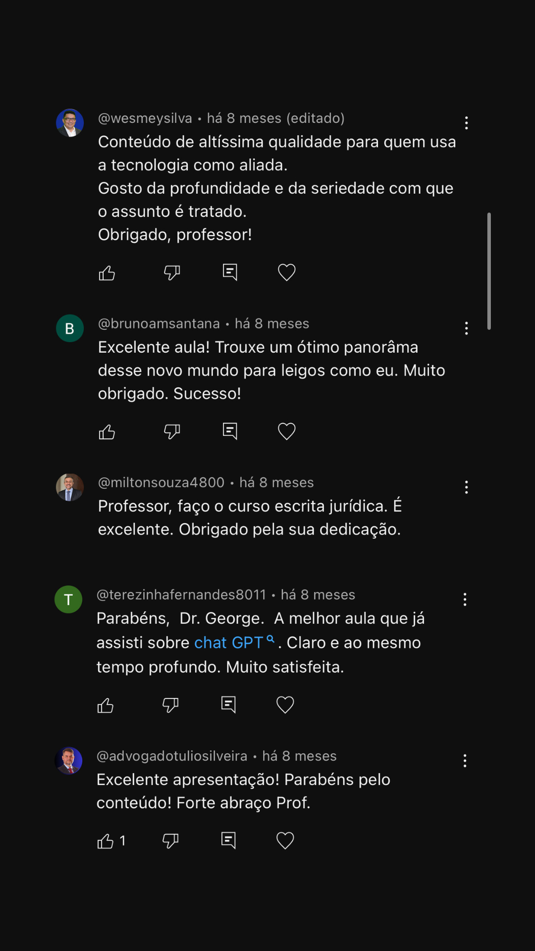 Comentários de alunos sobre a profundidade do conteúdo