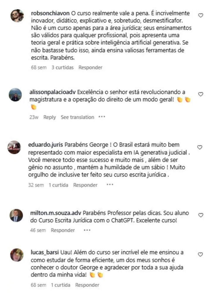 Comentários de alunos elogiando o curso