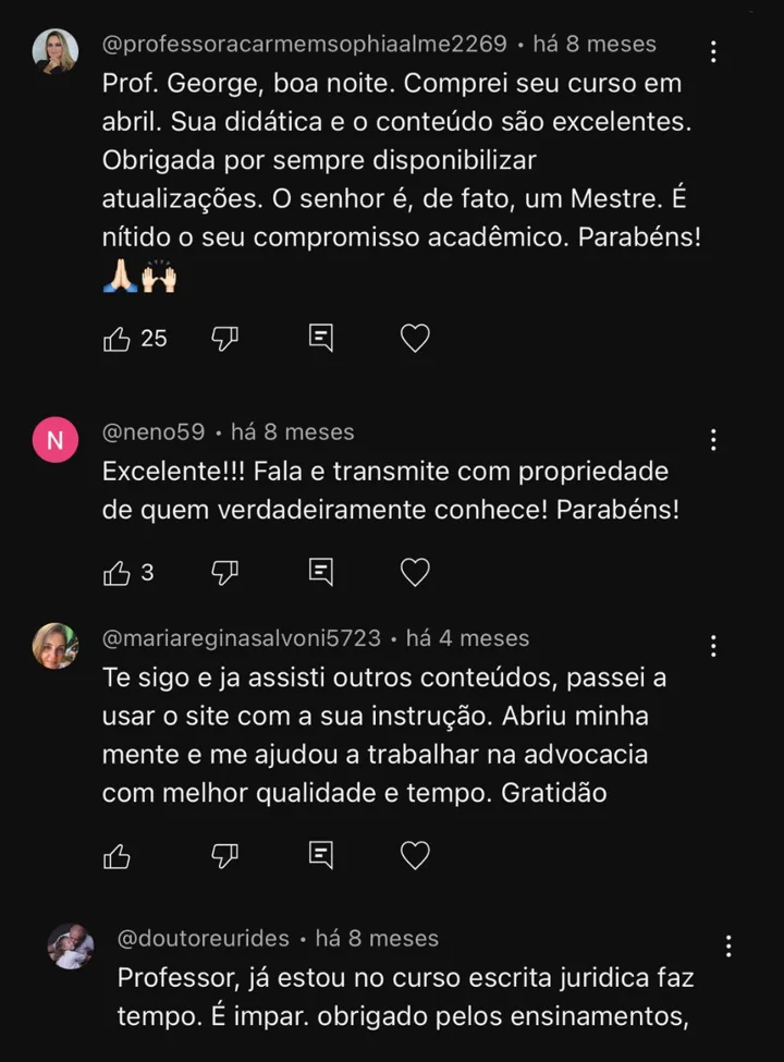 Comentários de alunos elogiando o professor