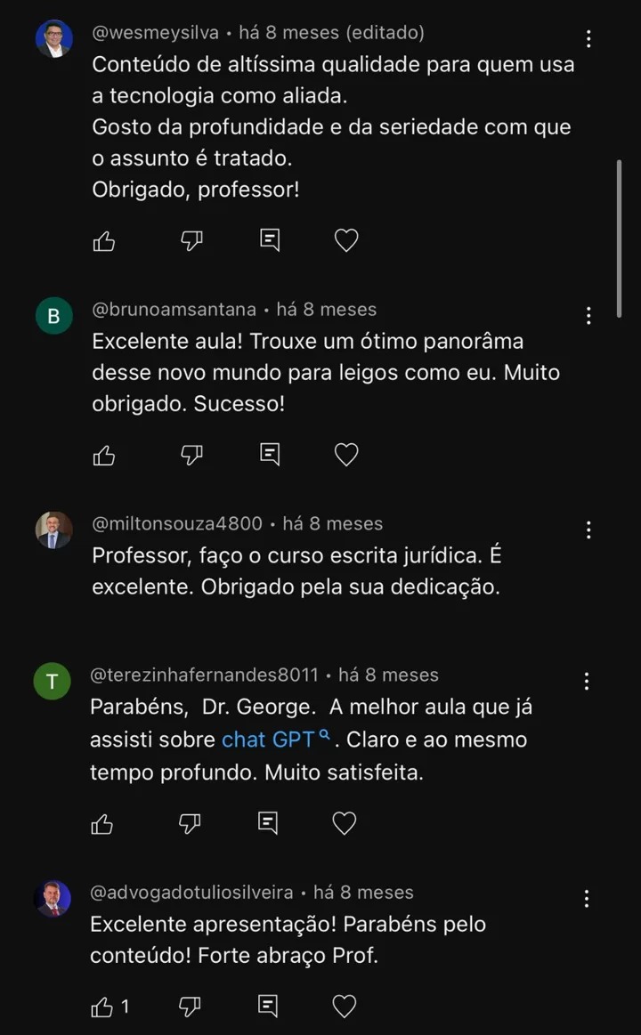 Comentários de alunos sobre as aulas